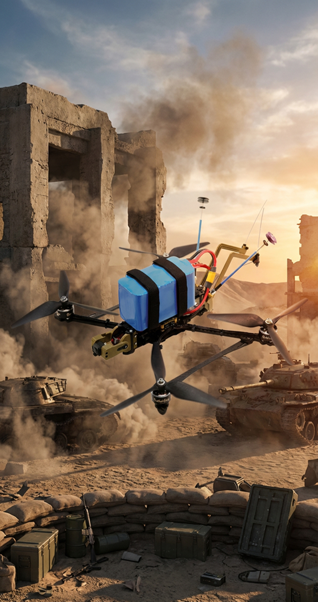 Heavy-lift combat drone over destroyed armor