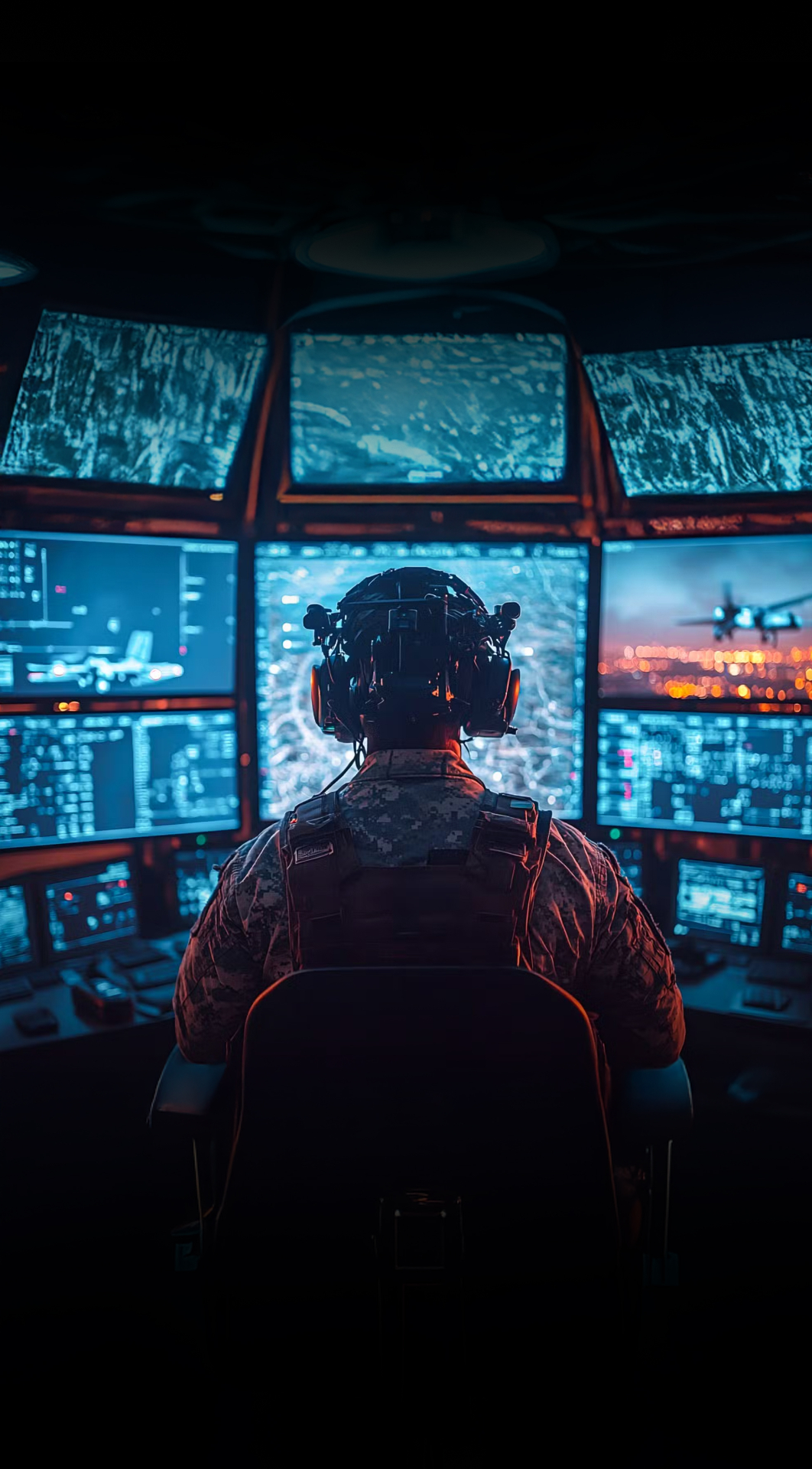Operator silhouetted against monitor wall